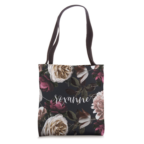 Roxanne - Elegant Floral Rose & Peony Personalized Name Tote Bag