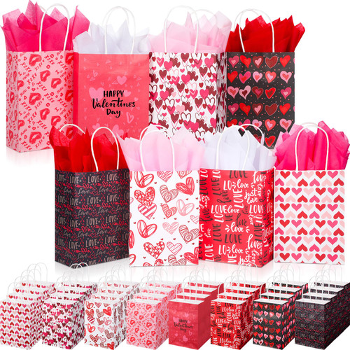 ReliThick 48 Pcs Valentines Day Paper Gift Bags with Handle Bulk 48 Valentine's Wrapping Papers with Tissue Paper Heart Paper Bags for Valentine's Day School Classrooms Exchange Party Favors Gift
