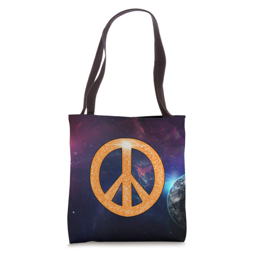 Peace Symbol Luminous Orange Night Sky Earth Space Stars Tote Bag