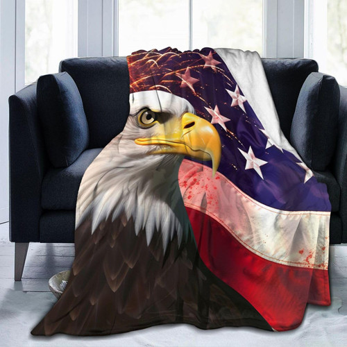Ouqiuwa American Flag Eagle Throw Blanket Firework Plush Microfiber Flannel Fleece Blanket 50"x40" for Bed Sofa Couch Camping Travel