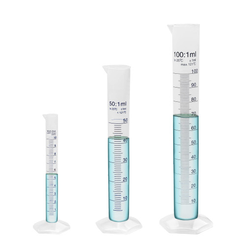 Okulab Plastic Graduated Cylinder Set, 3 Sizes 10ml 50ml and 100ml, PP Material Measuring Cylinders with Hexagonal Base and Blue Printed Graduation,MCPS3A1