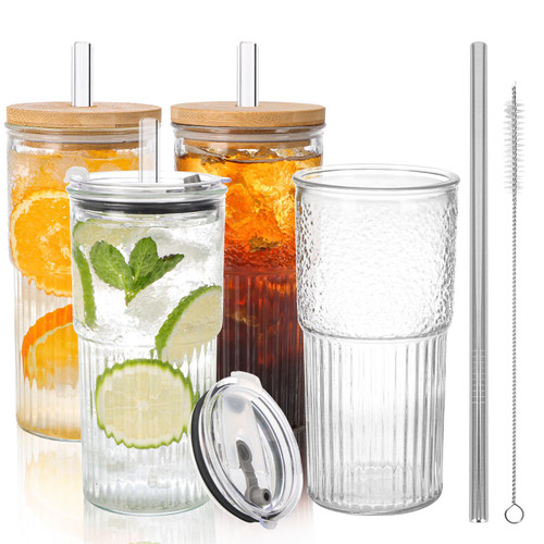 Moretoes 20 OZ Glass Cups with Lids and Straws, Iced Coffee Cup Glass Tumbler with Lid and Straw, Glass Cups for Juice Water Smoothie, Glass Drinking Set of 4
