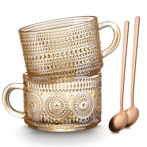 Mfacoy Vintage Coffee Mugs Set of 2, 14 oz Glass Coffee Tea Cups with Handle, Amber Embossed Glass Cups, Tea Cups, Glass Coffee Cups for Cappuccino, Latte, Cereal, Milk, Hot or Cold Beverages