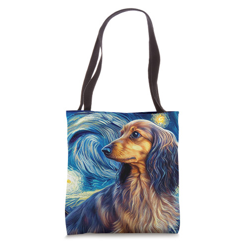 long hair Dachshund in Starry Night Painting Dog Mom Dad Tote Bag