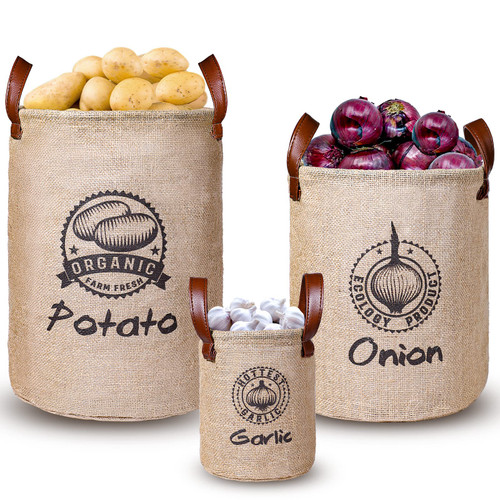 Kamehame Potato and Onion Storage Baskets Pack of 3, Lined Burlap Pantry Storage Bins for Potato Onion Garlic with Handles