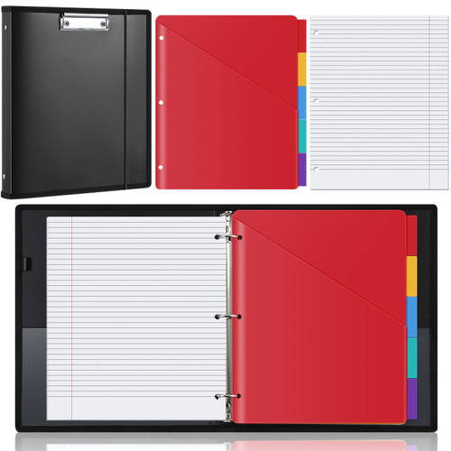 Henoyso 3 Ring Binder with Clipboard PU Clipboard Folder Clipboard Folio with Refillable Notepad Clipboard Binder Includes 5 Dividers with 10 Pockets, Labels for School Office