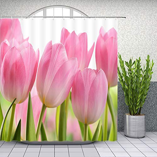 Lileihao Tulip Shower Curtain Spring Pink Floral Plant Kids Bathroom Decor Supplies Waterproof Shower Curtains Sets Machine Washable Polyester Fabric 69 x 70 Inch with Hooks