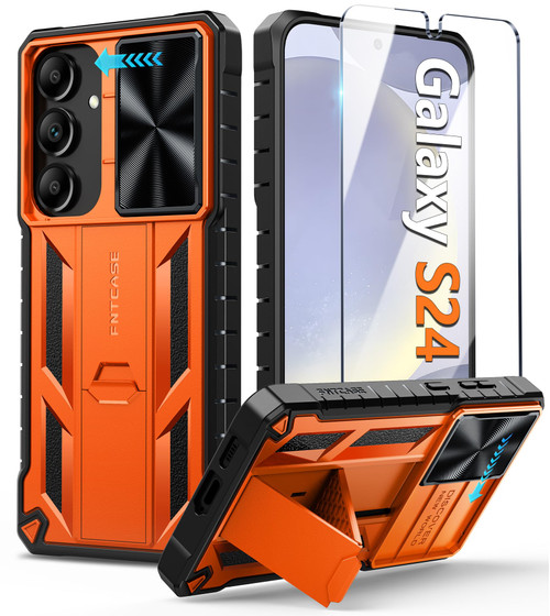 FNTCASE for Samsung-Galaxy S24 Protective Case: Military Grade Dropproof Cell Phone Cover with Kickstand & Slide | Heavy Duty Rugged Phonecase Bumper Textured | Heavy Duty Protector(Orange)