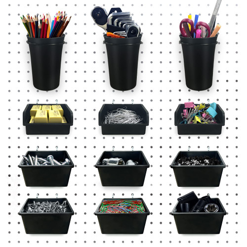 Dobures Pegboard Bins PegBoard Cups with Hooks & Loops 12 Pack Set, Pegboard Hooks Assortment Organizer Accessory. Fit for 1/8" and 1/4" pegboards with 1" spacing.