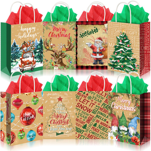 Cholemy 40 Pack Christmas Gift Bags Bulk with 40 Tissue Paper Reusable Christmas Goody Bags Kraft Christmas Tote Bags with Handles (8.27 x 5.91 x 3.15 in)