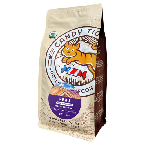 Candy Tiger Peruvian Coffee Beans - Swiss Water Decaffeinated Organic Whole Bean Coffee - 100% Arabica, Medium-Dark Roast, 12 oz - Coffee Whole Bean with Rich Chocolate, Nutty, Caramel Candy Tiger Peruvian Coffee Beans - Swiss Water Decaffeinated Organic Whole Bean Coffee - 100% Arabica, Medium-Dark Roast, 12 oz - Coffee Whole Bean with Rich Chocolate, Nutty, Caramel