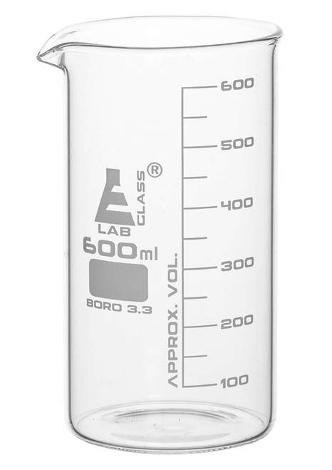 Beaker, 600ml - Tall Form with Spout - White, 50ml Graduations - Borosilicate 3.3 Glass - Eisco Labs