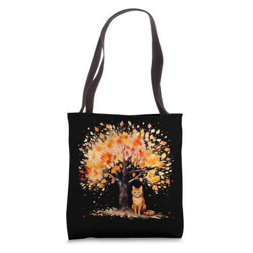 Artistic Fall Tree with Orange Tabby Cat, Watercolor Tote Bag