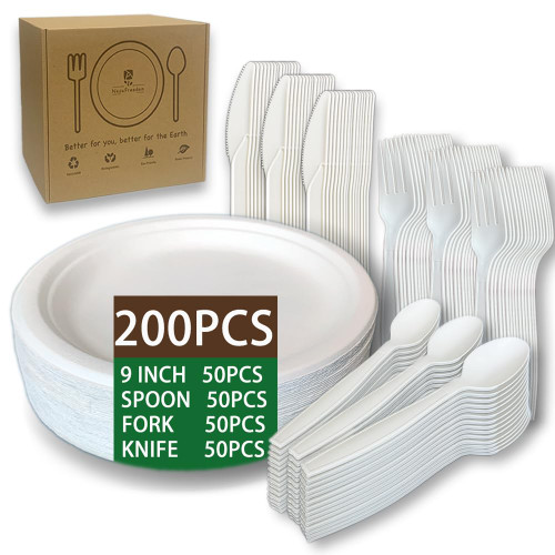 200pcs Disposable Plates and Utensils Set Biodegradable Dinnerware Set Compostable Paper Plates Forks Spoons Knives Eco Cutlery Set Dinnerware for Party BBQ Birthday 200pcs Disposable Plates and Utensils Set Biodegradable Dinnerware Set Compostable Paper Plates Forks Spoons Knives Eco Cutlery Set Dinnerware for Party BBQ Birthday