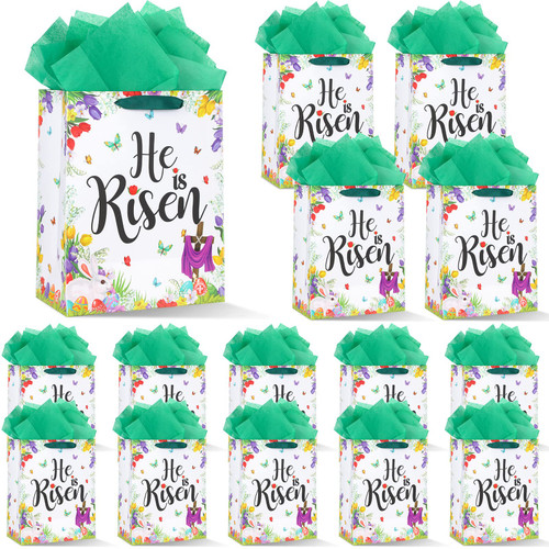 15 Pieces 11.5" Easter Treat Bags Inspiring He Is Risen Sign Paper Gift Bags with Tissue Paper Childs Egg Hunt Gift Bag Cookie Egg Candy Goody Easter Bags with Handle for Easter Party Supplies