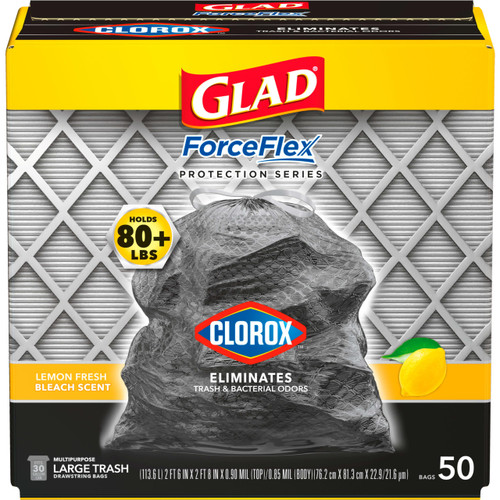 Glad ForceFlex with Clorox Trash Bags, Lemon Fresh Bleach Scent, 30 Gal, 50 Ct, Package May Vary