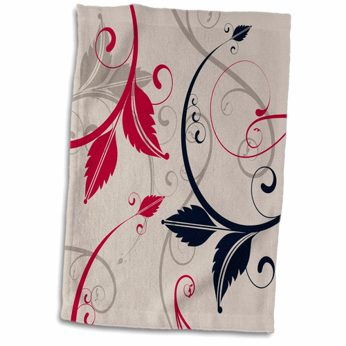 3D Rose Gray Red and Black Leafy Scrolling Design Hand Towel, 15" x 22", White