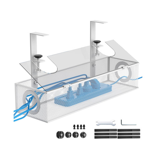 Under Desk Cable Management Tray No Drill No Damage to Desk Under Desk Cable Management Box with Lid Metal Mesh Cable Management with Clamp Mount (White)