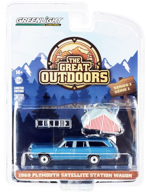 1969 Plymouth Satellite Station Wagon Blue Met. with Camp'otel Rooftop Sleeper Tent The Great Outdoors 1/64 Diecast Model Car by Greenlight 38010 B