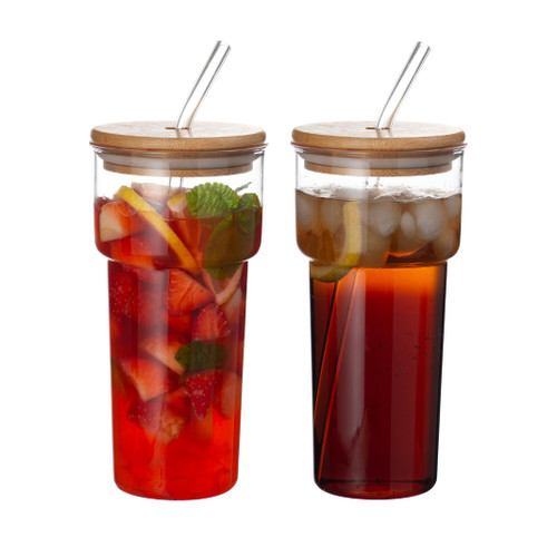 Glass Cups with Lids and Straws, 21oz Iced Coffee Cup Glass Tumbler Clear Smoothie Cup Coffee Mug Mason Jar Cup Glass Coffee Cup with Bamboo Lid, Iced Tea Glasses for Water Smoothie Juice Drinks, 2Pcs