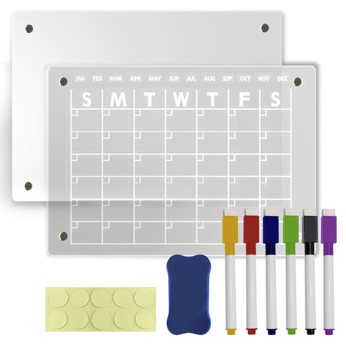 BRANDOVO Magnetic Acrylic Calendar for Fridge - Fridge Planner & Acrylic Board - Magnetic Dry Erase Board for Fridge - Magnetic Markers 6 Colors - Dry Erase Eraser - Dry Erase Board for Refrigerator
