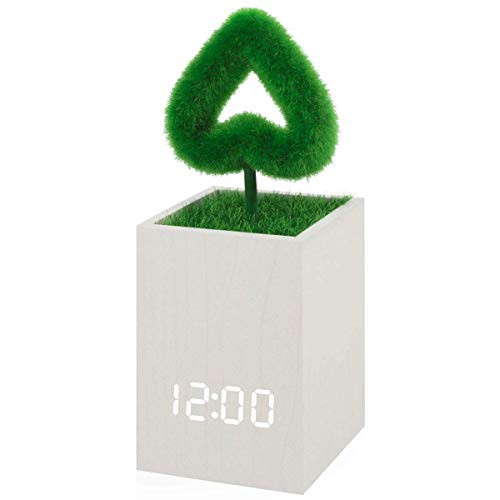 Digital Alarm Clock Wood LED Light Modern Cube Desk Alarm Clock with Artificial Green Plant Time Date Temperature Display for Home Office Travel