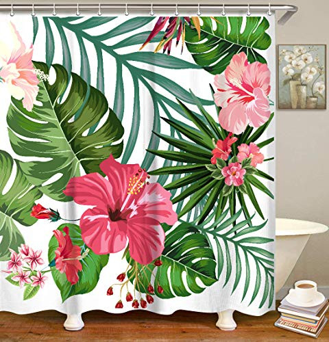 LIVILAN Tropical Leaf Shower Curtain Set with 12 Hooks Fabric Floral Bath Curtain Decorative Bathroom Accessories Home Decoration, Machine Washable, 70.8"x70.8", Green and Pink