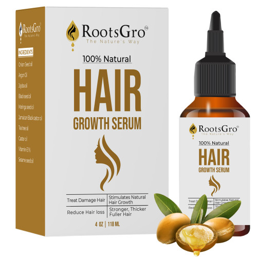 RootsGro 100% Natural Hair Growth Serum 10 Oils Blend - Tea Tree Oil, Castor Oil, Vitamin E Oil, Jojoba Oil & More | Stimulates Hair Growth & Strengthens - Prevent Hair Loss & Thinning - 4 Ounce