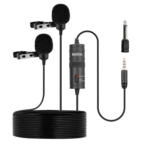 BOYA BY-M1DM Dual Head Lavalier Microphone[13ft],3.5mm TRRS Omnidirectional Lapel Clip-on Mic for iPhone/Android Smrtphone DSLR Camera YouTube Interview Vlog
