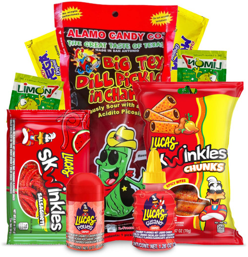 Chamoy Pickle Kit, Mexican candy mix ready to make the famous tiktok trend items, Includes an Original Alamo Chamoy Pickle, Baby Lucas, Lucas Gusano & Skwinkles Salsaghetti -by Mexgrim