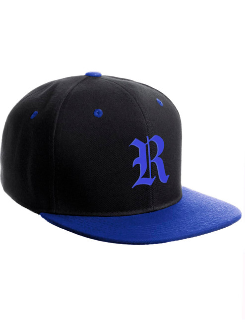 Daxton Classic Snapback Hat Old English Font Alphabet A to Z Flat Bill Visor Cap, Black Royal Hat, Royal R