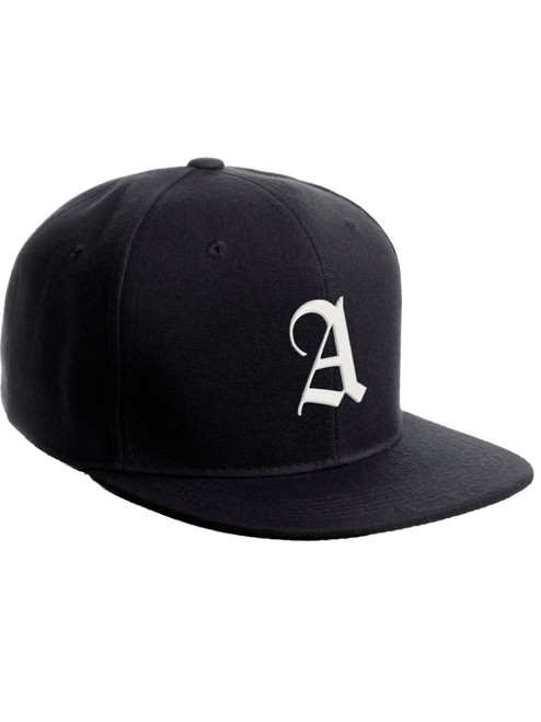 Daxton Classic Snapback Hat Old English Font Alphabet A to Z Flat Bill Visor Cap, Black Hat, White A