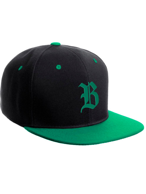 Daxton Classic Snapback Hat Old English Font Alphabet A to Z Flat Bill Visor Cap, Black Green Hat, Green B