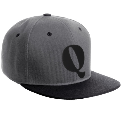 Daxton Classic Snapback Hat 3D Capital Alphabet Letters Flat Bill Visor Cap, Charcoal Black Hat Black Letter Q