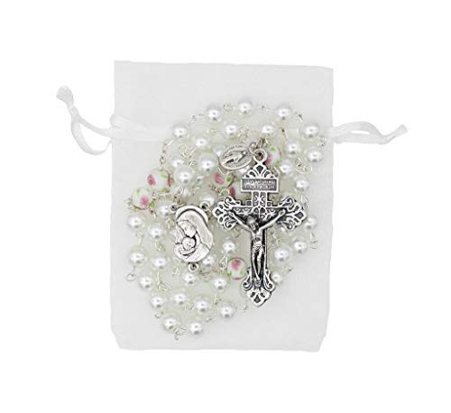 Christian Living 8mm Glass Bead Imitation Pearl Rosary with Pardon Crucifix and Miraculous Medal