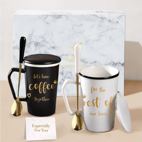 Wedding Gifts for Couples - Anniversary Engagement Gifts for Couple Him Her Newlywed Bride Groom Mr Mrs - Bridal Shower Gifts for Bride to Be - Lets Have Coffee Together Unique Coffee Mug Set (Type 2)