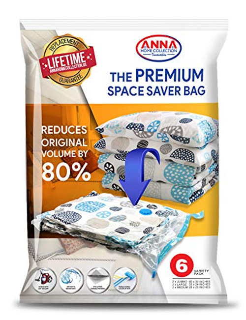 Anna Home Premium Vacuum Storage Bags 6 Pack (2 x Jumbo, 2 x Large, 2 x Medium) Space Saver Storage Bags. Durable and Reusable Vacuum Sealer Bags for Clothes Storage, Travel Hand Pump Included