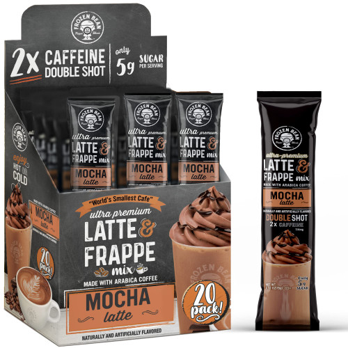 The Frozen Bean - Mocha Frappe & Latte Instant Mix with Arabica Coffee, Double Caffeine, Low Sugar - for Hot, Iced, or Frappuccino-Style Blended Drinks - (20) 0.53oz Single Serve Sticks