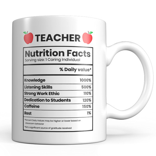 Teacher Nutritional Facts Mug - 11oz Teacher Mug for Gift - Dishwasher & Microwave Safe Cup, Printed on Both Sides - Teacher Coffee Mug for Birthday, Teacher's Day Appreciation Gift, Christmas Gift