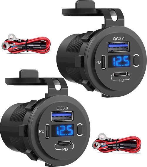 SUTNSCW 12V USB Outlet, Dual USB C Car Charger Socket & Quick Charge 3.0 Port with Voltmeter and Power Switch for Car Boat Marine Truck 2 Pack