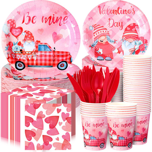 Sunnychicc 240 Pcs Valentine's Day Party Supplies Plates and Napkins Cups Valentine's Day Party Disposable Paper Dinner Dessert Plates Heart Paper Napkins Beverage Cups Plastic Fork Set (Gnomes)