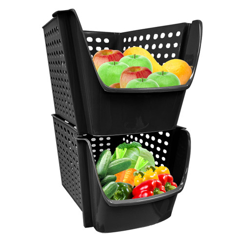 Skywin Plastic Stackable Storage Bins for Pantry - 2-Pack Black Stackable Bins For Organizing Food, Kitchen, and Bathroom Essentials