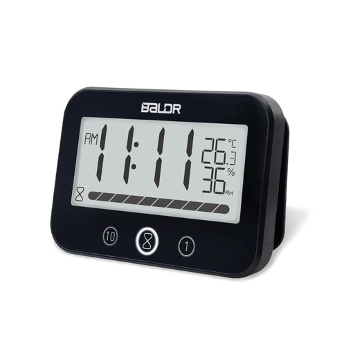 Shower Clock with Timer, Visual Bathroom Countdown Timer for Kids, Digital Small Hanging Wall Clock with Temperature Humidity, Loud Outdoor Moisture Proof Timer, 12/24H (Black)