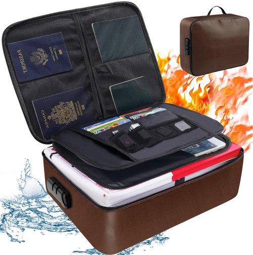 Sgorlds Fireproof Document Bag with Lock, Important Document Organizer,Home Office Travel Safe Bag, 3 Layer Portable Filing Storage for Waterproof File Passport,Certificates,Legal Documents, Brown