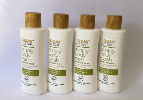 RAW SUGAR Pack of 4 Cold Pressed. Simply Body Wash Sensitive Skin Green Tea & Cucumber & Aloe Vera Travel Size 3 Fl Oz Each RAW SUGAR Pack of 4 Cold Pressed. Simply Body Wash Sensitive Skin Green Tea & Cucumber & Aloe Vera Travel Size 3 Fl Oz Each