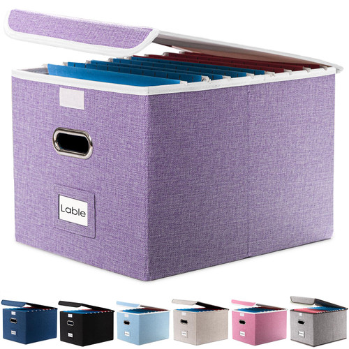 PRANDOM File Organizer Box - Set of 1 Collapsible Decorative Linen Filing Storage Hanging File Folders with Lids Office Cabinet Letter Size Purple (15x12.2x10.75 inch)