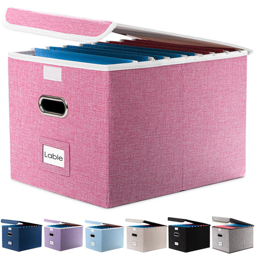 PRANDOM File Organizer Box - Set of 1 Collapsible Decorative Linen Filing Storage Hanging File Folders with Lids Office Cabinet Letter Size Pink (15x12.2x10.75 inch)