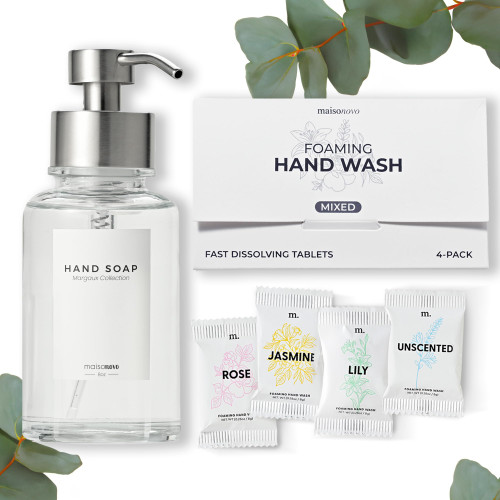 MAISONOVO Foaming Hand Soap Refills | 4 Mixed Foaming Hand Soap Refills + 1 Clear Glass with Silver Pump Foaming Dispenser | Hand Soap Foam Refill