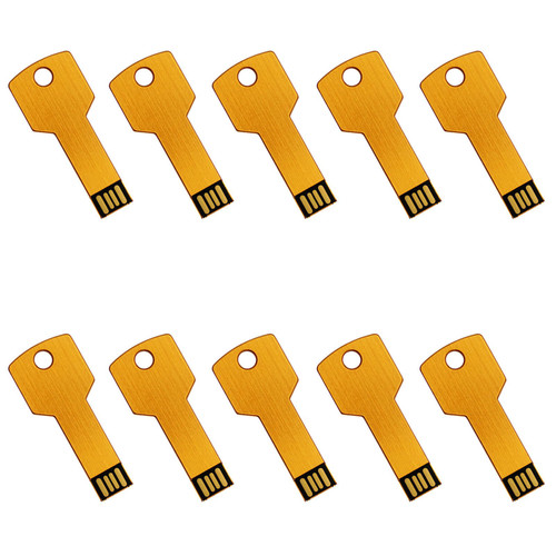 Lot 10 1GB Key Shape USB Flash Drive 1G Metal Memory Pen Stick Thumb Drive Wholesale Bulk Pack (1GB, Gold)