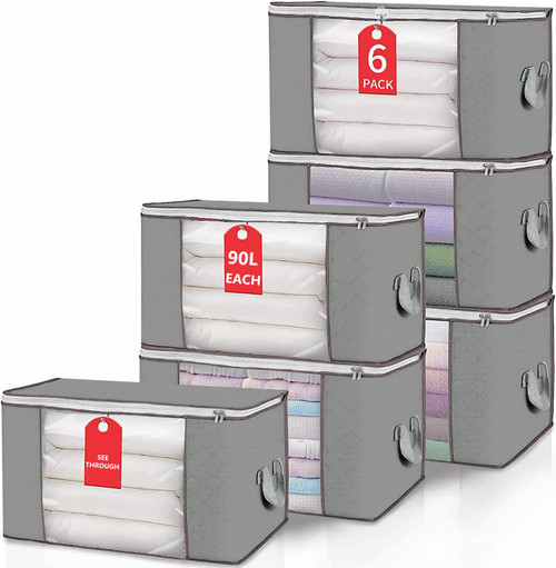 Livearty (TM 90L Large Storage Bags, 6 Pack Clothes Storage Bins Foldable Closet Organizer Storage Containers with Durable Handles Thick Fabric for Clothing, Blanket, Comforters, Bed Sheets, Pillows